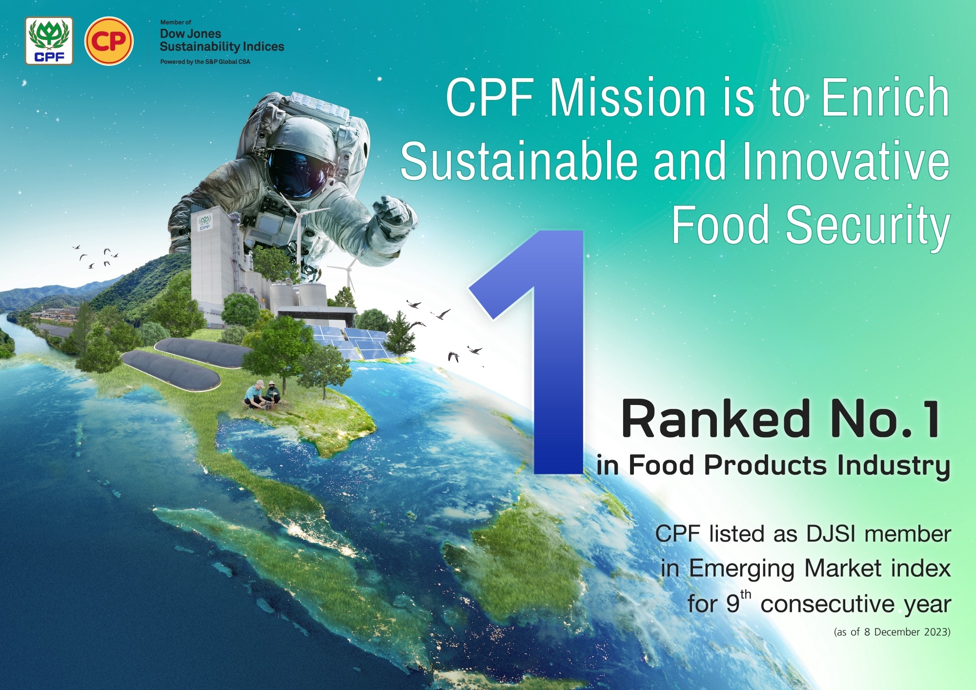 ซีพีเอฟ คว้าอันดับ 1 ดัชนีความยั่งยืน DJSI กลุ่มอุตสาหกรรมผลิตภัณฑ์อาหารของโลก ปี 2023